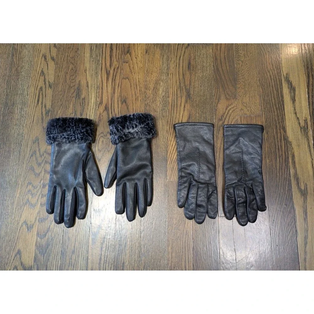 Women's Gloves Lot Of 2 Leather & Faux Leather Size Large Black EUC Warm Fur